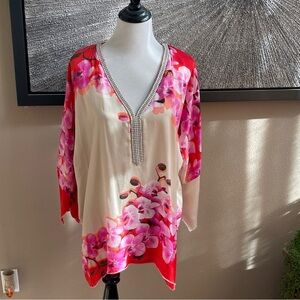 Boston Proper Red and Pink Graphic Tunic with Flutter Sleeves